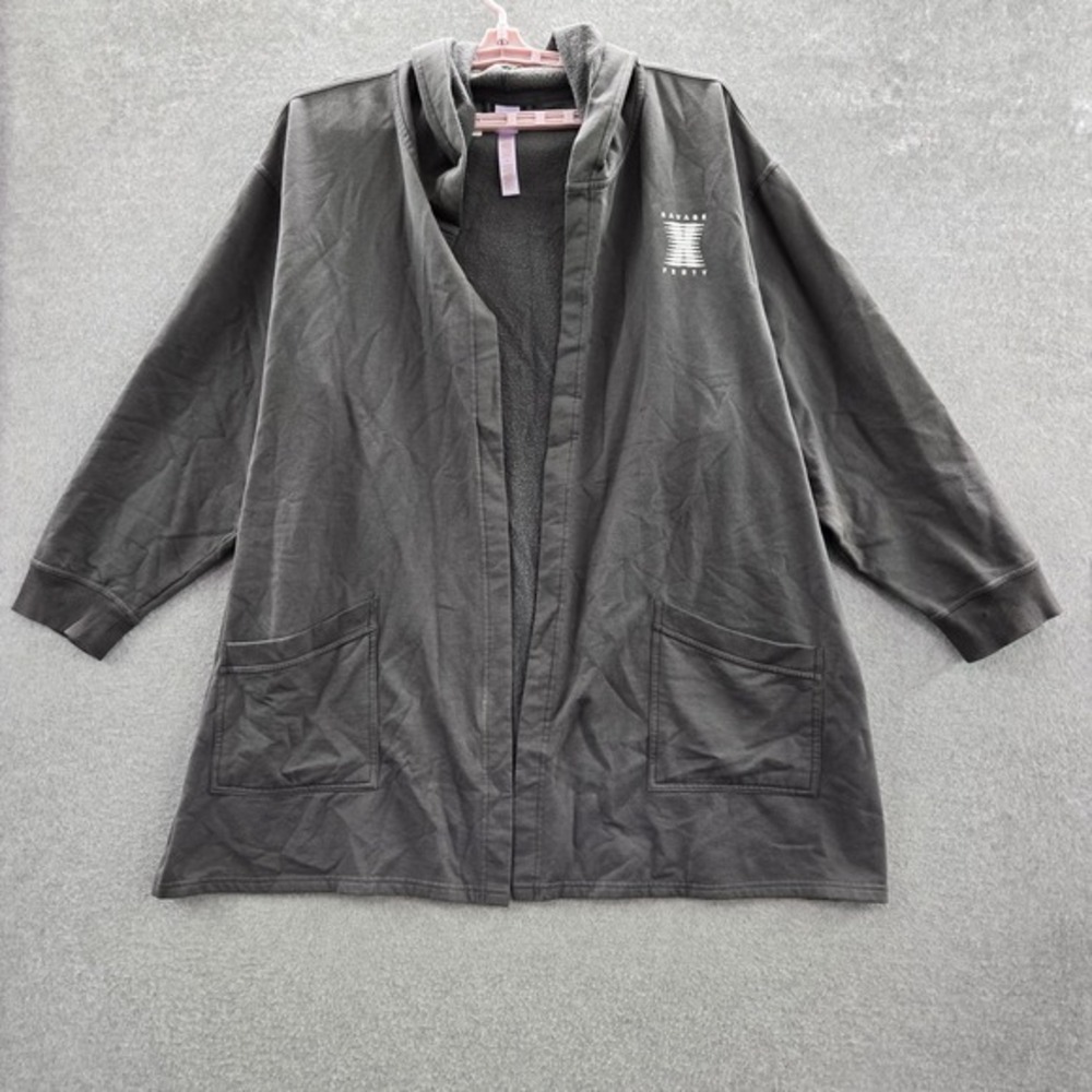 Savage‎ X Fenty Women Robe M/L Black Fleece Logo Open Long Sleeve
